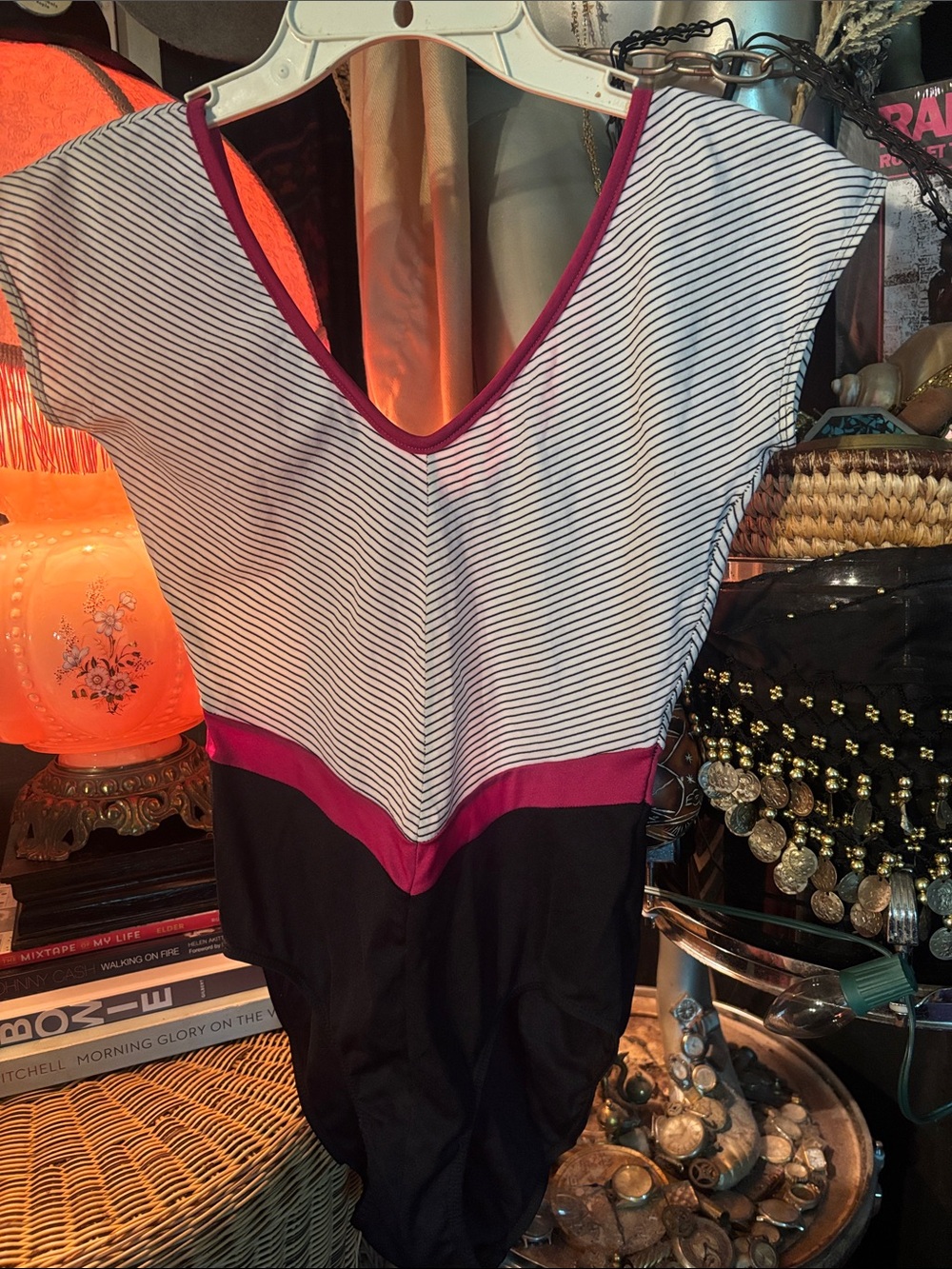 Striped vintage  V‑Neck One‑Piece with Magenta Trim